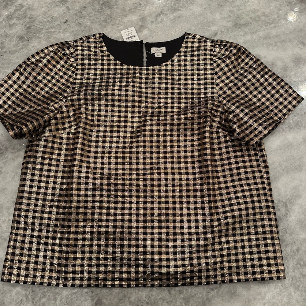 🎁 NWT J. Crew Factory Puff Sleeve Top Blouse, Black & Gold, Size L, Lined
